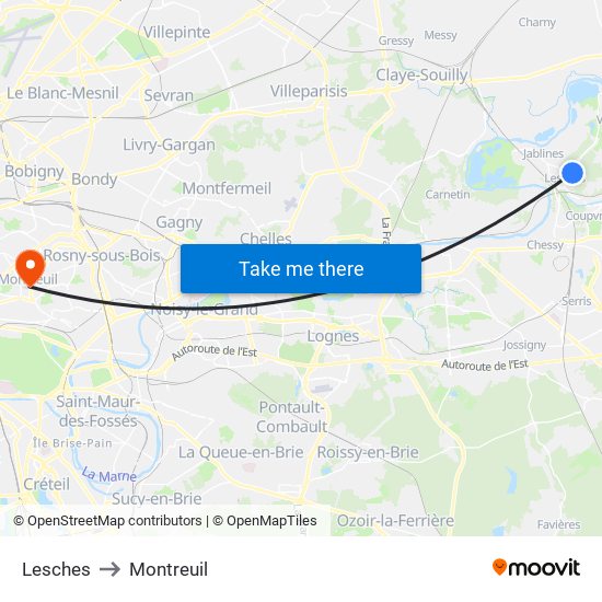 Lesches to Montreuil map