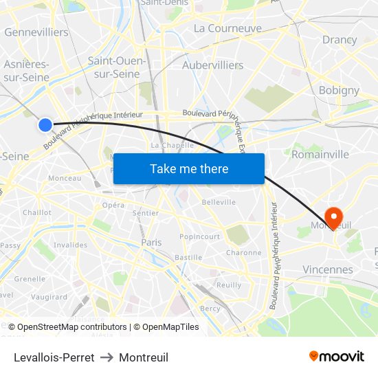 Levallois-Perret to Montreuil map