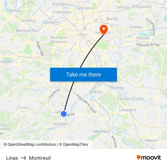 Linas to Montreuil map