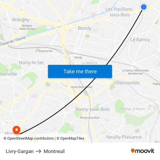 Livry-Gargan to Montreuil map