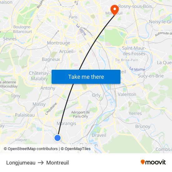 Longjumeau to Montreuil map