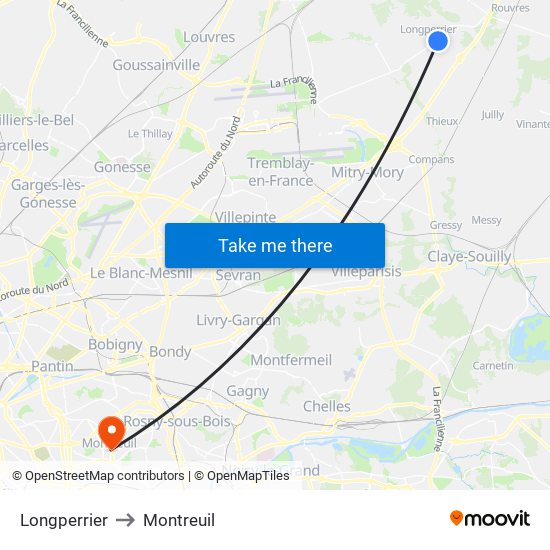 Longperrier to Montreuil map