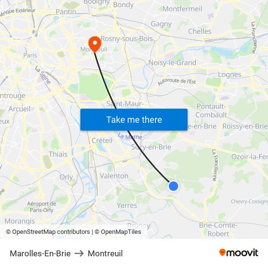 Marolles-En-Brie to Montreuil map