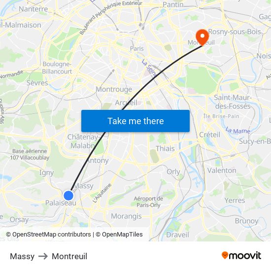 Massy to Montreuil map