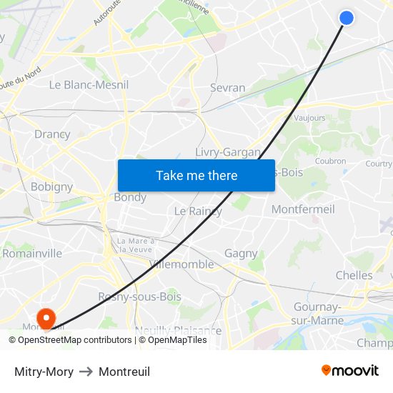 Mitry-Mory to Montreuil map