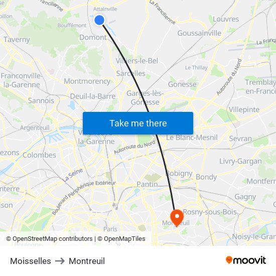 Moisselles to Montreuil map