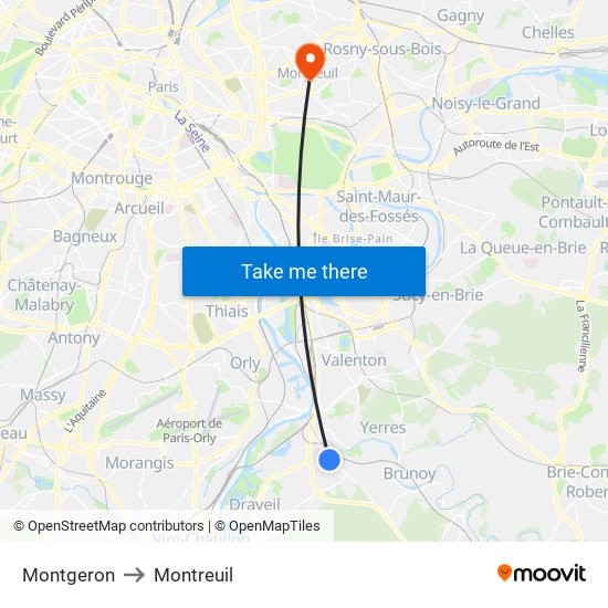 Montgeron to Montreuil map