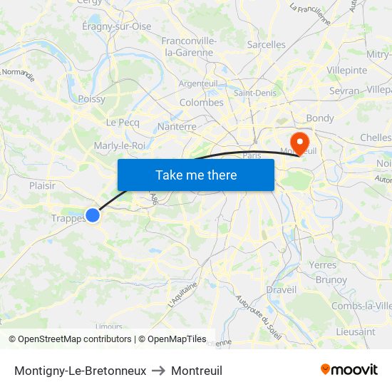 Montigny-Le-Bretonneux to Montreuil map