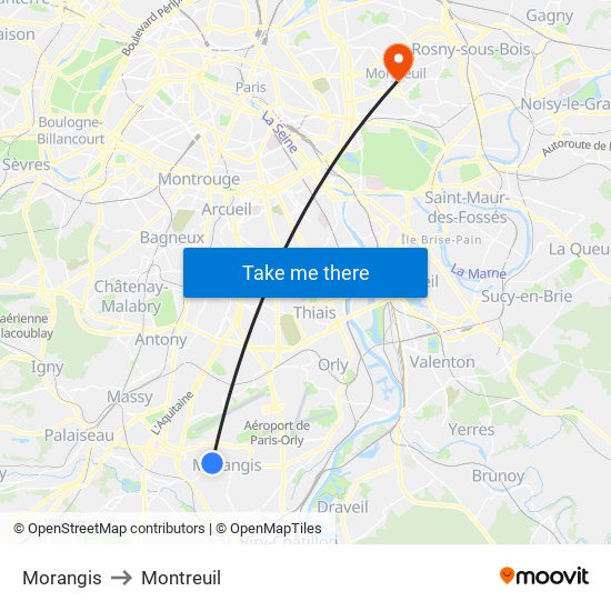 Morangis to Montreuil map