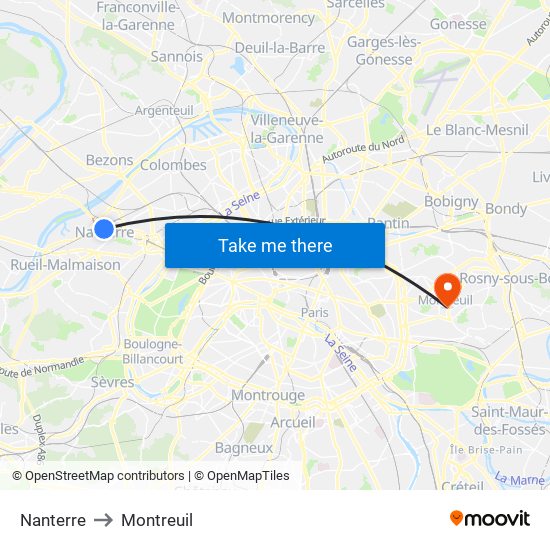 Nanterre to Montreuil map