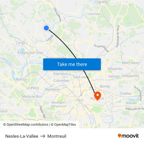 Nesles-La-Vallee to Montreuil map