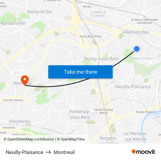 Neuilly-Plaisance to Montreuil map