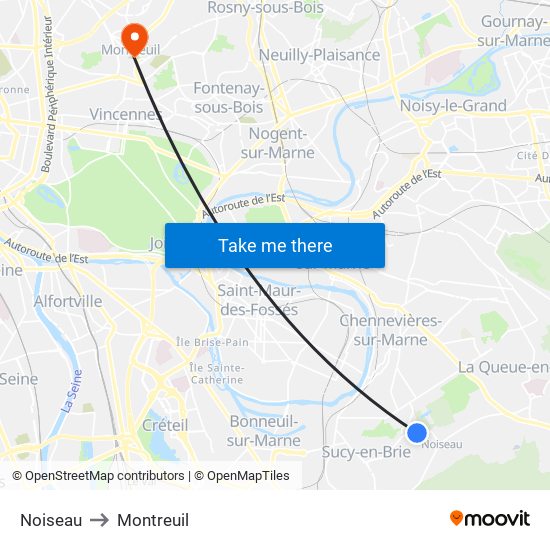 Noiseau to Montreuil map