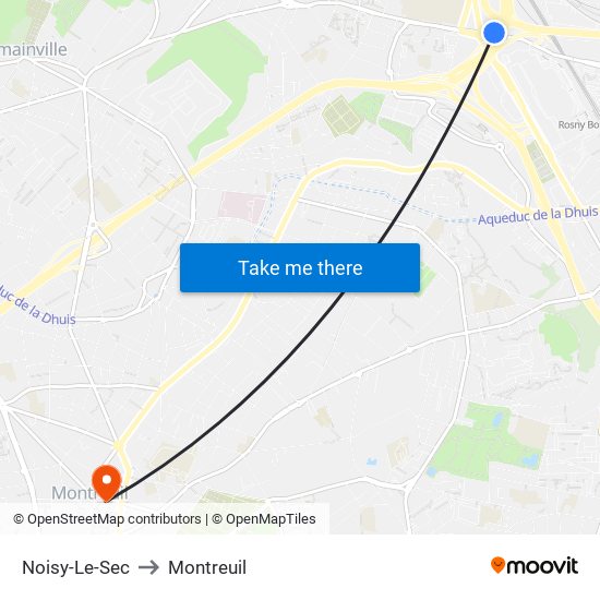 Noisy-Le-Sec to Montreuil map