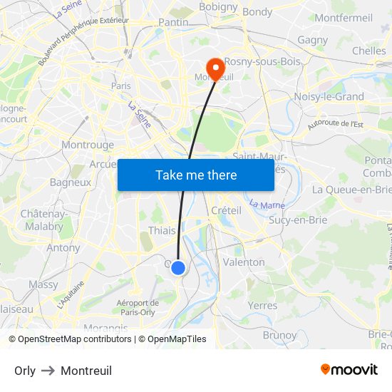 Orly to Montreuil map