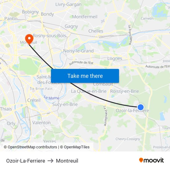 Ozoir-La-Ferriere to Montreuil map