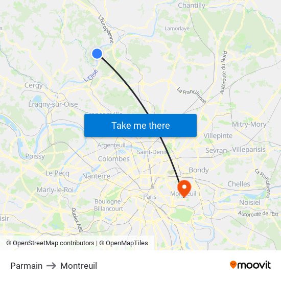 Parmain to Montreuil map