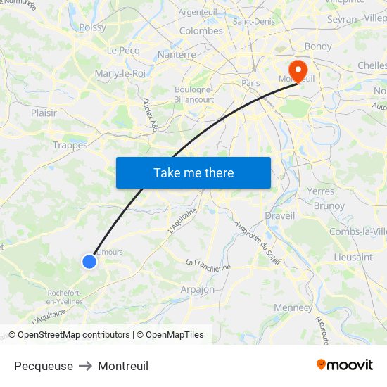 Pecqueuse to Montreuil map