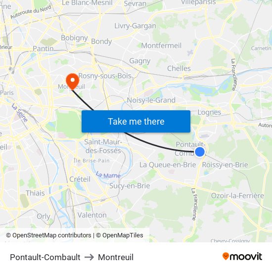 Pontault-Combault to Montreuil map
