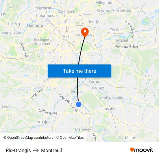 Ris-Orangis to Montreuil map