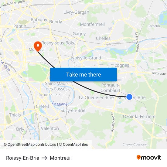 Roissy-En-Brie to Montreuil map