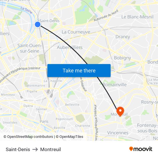 Saint-Denis to Montreuil map