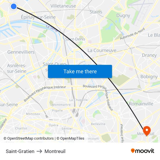 Saint-Gratien to Montreuil map
