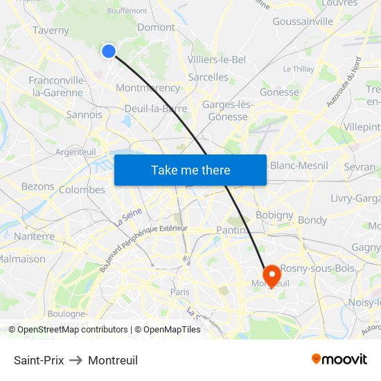 Saint-Prix to Montreuil map