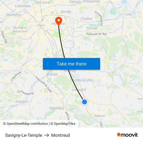 Savigny-Le-Temple to Montreuil map