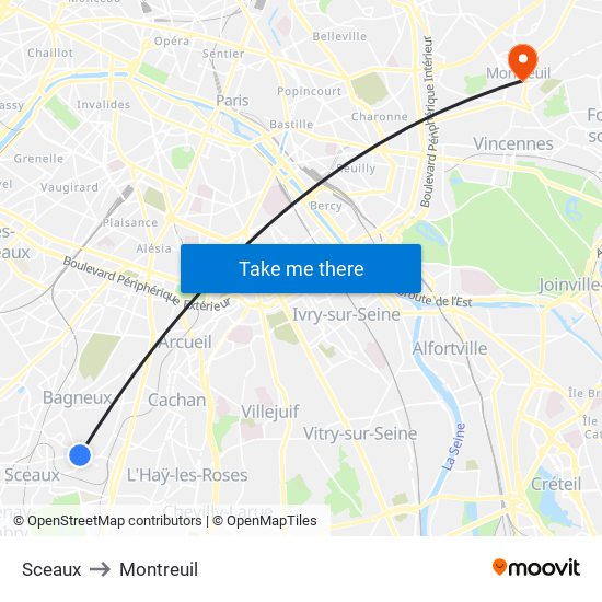 Sceaux to Montreuil map