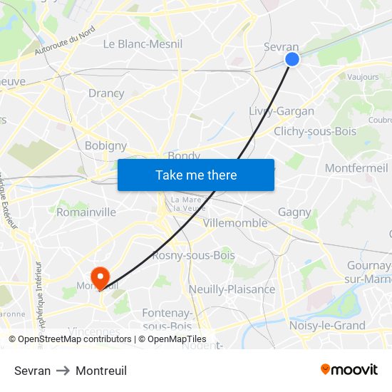 Sevran to Montreuil map