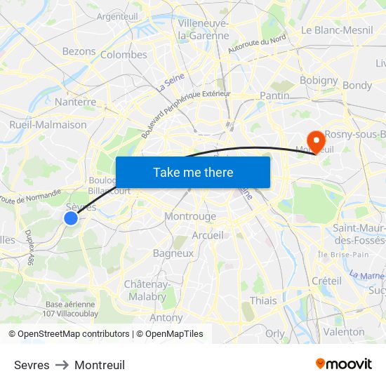 Sevres to Montreuil map