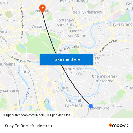 Sucy-En-Brie to Montreuil map