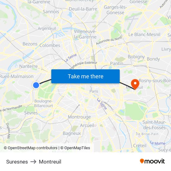 Suresnes to Montreuil map