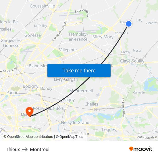 Thieux to Montreuil map