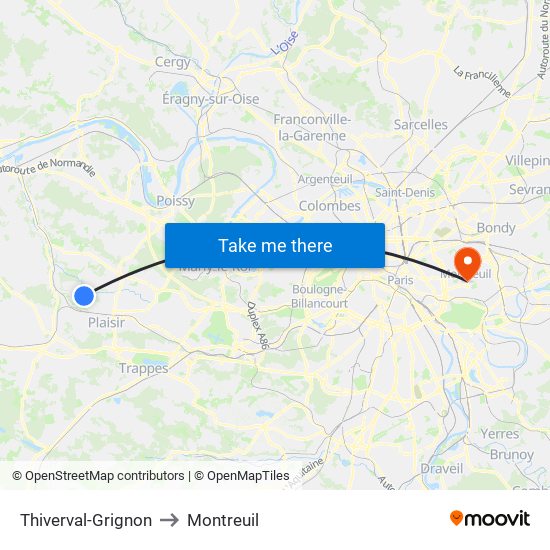 Thiverval-Grignon to Montreuil map
