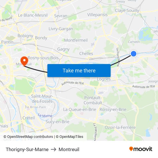 Thorigny-Sur-Marne to Montreuil map