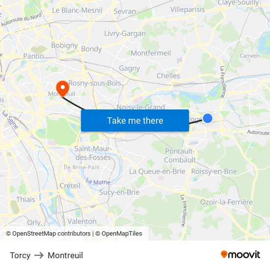 Torcy to Montreuil map