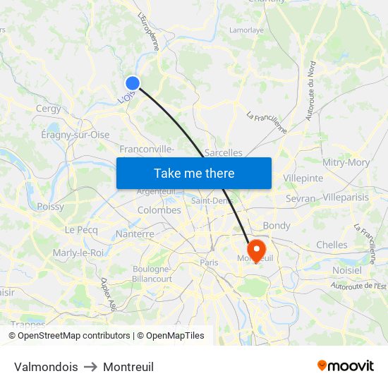 Valmondois to Montreuil map