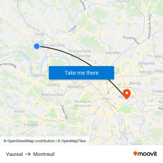 Vaureal to Montreuil map