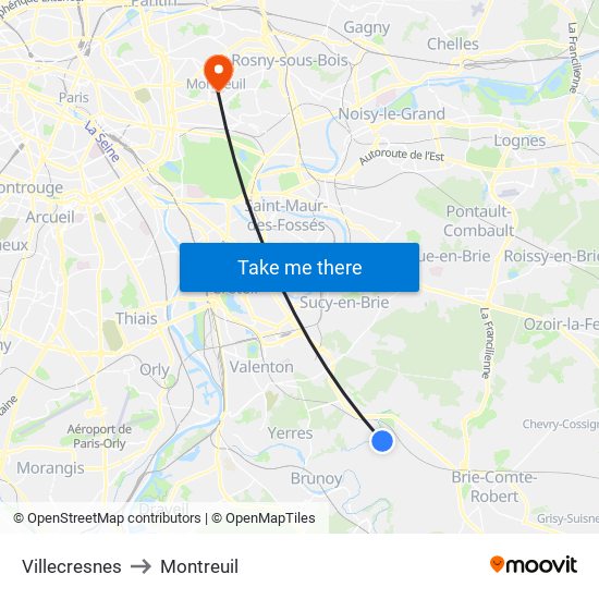 Villecresnes to Montreuil map