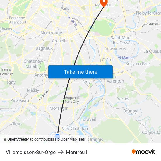 Villemoisson-Sur-Orge to Montreuil map