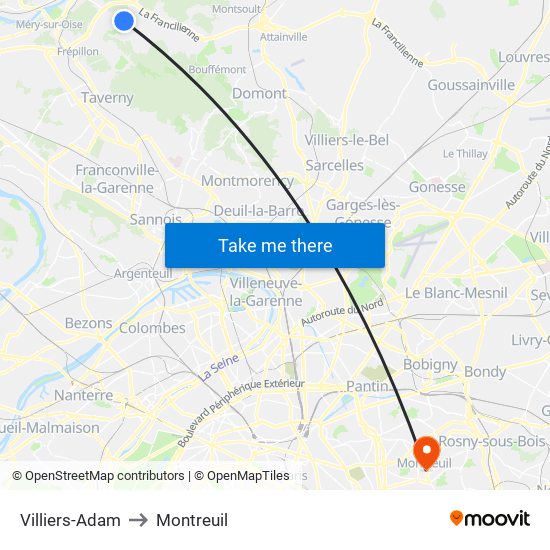 Villiers-Adam to Montreuil map