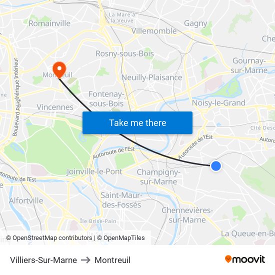 Villiers-Sur-Marne to Montreuil map