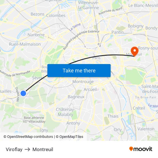 Viroflay to Montreuil map