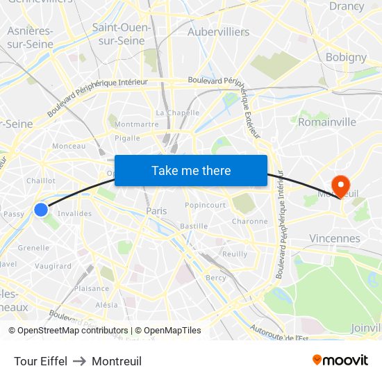 Eiffel Tower to Montreuil map