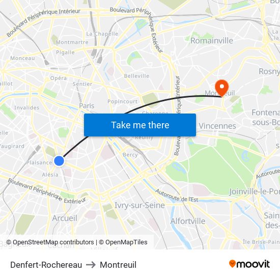 Denfert-Rochereau to Montreuil map