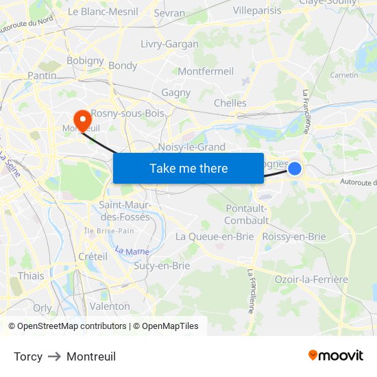 Torcy to Montreuil map