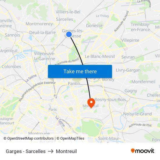 Garges - Sarcelles to Montreuil map