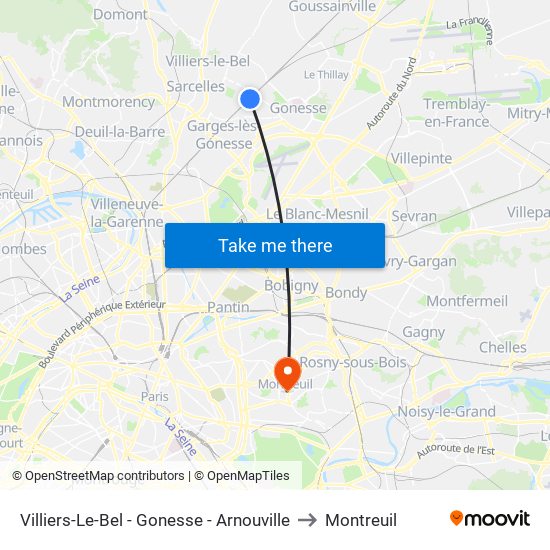 Villiers-Le-Bel - Gonesse - Arnouville to Montreuil map